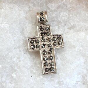 Cross Shaped Marcasite Accented Geometric Sterling Silver 925 Vintage Pendant